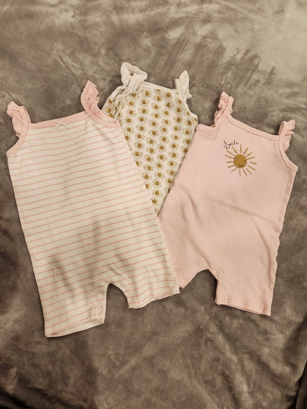 3-Pack Pink & White Baby Girl One-Piece Rompers - Sun & Stripe Designs, Size 18M